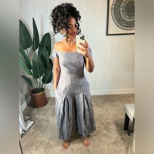 Free people women’s jumpsuit size 0 rumí blue off the shoulder wide leg